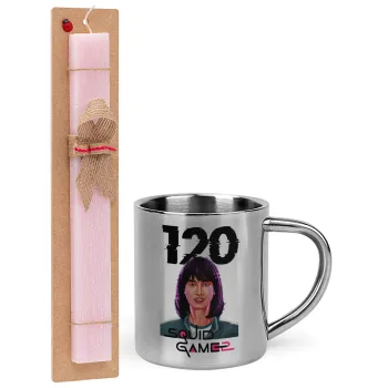 Squid game 120 Cho Hyun-ju, Easter Set, metallic thermal cup (300ml) & aromatic flat Easter candle (30cm) (PINK)