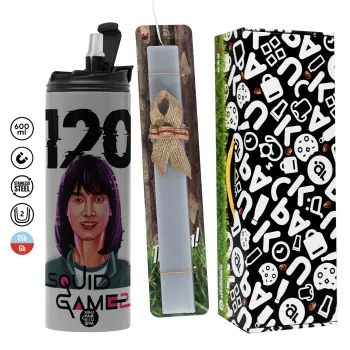 Squid game 120 Cho Hyun-ju, Πασχαλινή Λαμπάδα με Travel Tumbler θερμό (600ml, BPA free) & κερί αρωματικό πλακέ (30cm) (ΓΚΡΙ)