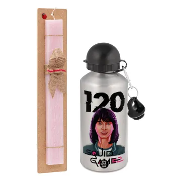 Squid game 120 Cho Hyun-ju, Easter Set, metallic Silver aluminum water bottle (500ml) & scented flat Easter candle (30cm) (PINK)