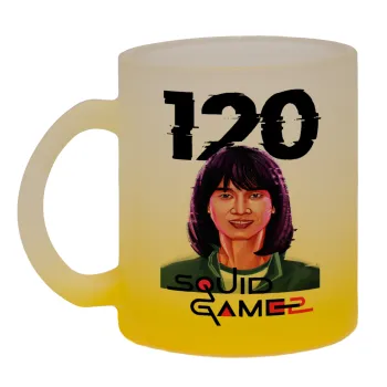 Squid game 120 Cho Hyun-ju, Κούπα γυάλινη δίχρωμη με βάση το κίτρινο ματ, 330ml
