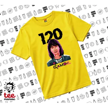 Squid game 120 Cho Hyun-ju, yellow childrens T-Shirt made of 100% cotton, for every day. Vegan & OEKO-TEX certified.