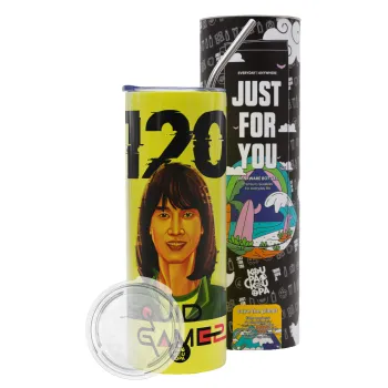 Squid game 120 Cho Hyun-ju, Neon Yellow Travel Tumbler θερμό, μεταλλικό καλαμάκι(Ανωξείδωτο 304 Food grade, BPA free, 600ml)