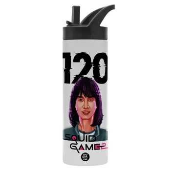 Squid game 120 Cho Hyun-ju, Μεταλλικό παγούρι θερμός με καλαμάκι & χειρολαβή, ανοξείδωτο ατσάλι (Stainless steel 304), διπλού τοιχώματος, 600ml