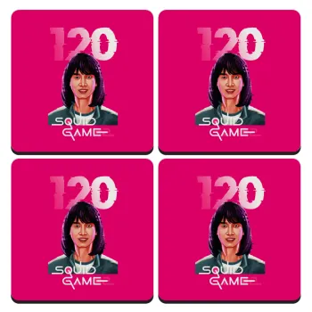 Squid game 120 Cho Hyun-ju, ΣΕΤ 4 Σουβέρ ξύλινα τετράγωνα (9cm)