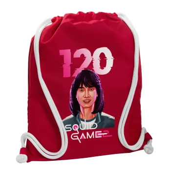 Squid game 120 Cho Hyun-ju, Τσάντα πλάτης πουγκί GYMBAG Κόκκινη, με τσέπη (40x48cm) & χονδρά κορδόνια