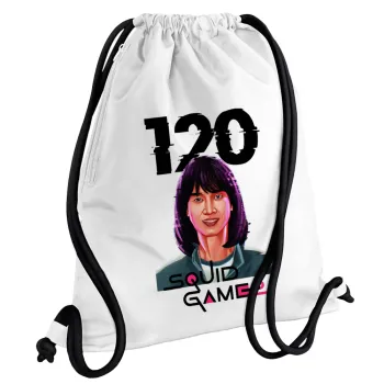 Squid game 120 Cho Hyun-ju, Backpack pouch GYMBAG white, with pocket (40x48cm) & thick cords