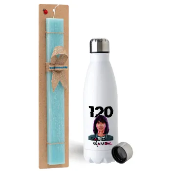 Squid game 120 Cho Hyun-ju, Easter Set, metallic stainless steel water bottle (750ml) & aromatic flat Easter candle (30cm) (TURQUOISE)