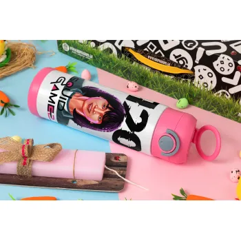Squid game 120 Cho Hyun-ju, Easter candle, Childrens hot water bottle, stainless steel, with safety straw, PINK (500ml)