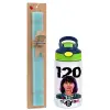 Easter Set, Children's thermal stainless steel bottle with safety straw, green/blue (350ml) & aromatic flat Easter candle (30cm) (TURQUOISE)