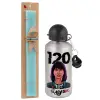 Easter Set, metallic silver aluminum water bottle (500ml) & scented flat Easter candle (30cm) (TURQUOISE)