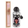 Easter Set, metallic Silver aluminum water bottle (500ml) & scented flat Easter candle (30cm) (PINK)