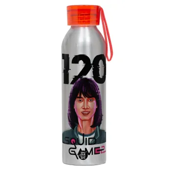 Squid game 120 Cho Hyun-ju, Αλουμινένιο Αθλητικό Μπουκάλι 650ml – Ασημί με Κόκκινο Καπάκι και Λουράκι Σιλικόνης