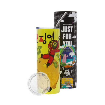 Squid game money pig, Neon Yellow Travel Tumbler θερμό, μεταλλικό καλαμάκι(Ανωξείδωτο 304 Food grade, BPA free, 600ml)