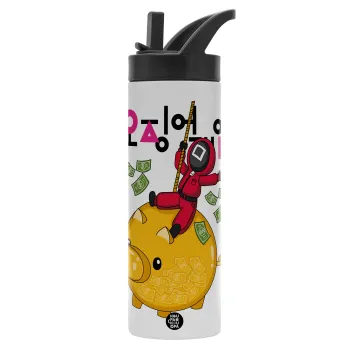 Squid game money pig, Metallic thermos bottle with straw & handle, stainless steel (Stainless steel 304), double-walled, 600ml.