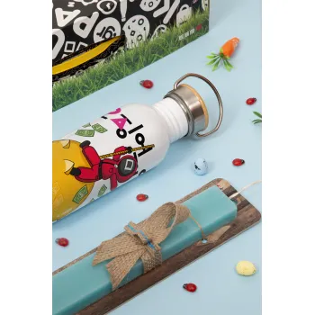 Squid game money pig, Πασχαλινή Λαμπάδα με παγούρι μεταλλικό (620ml, stainless steel) & κερί αρωματικό πλακέ (30cm) (ΤΙΡΚΟΥΑΖ)