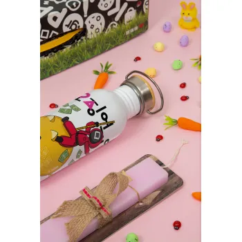 Squid game money pig, Πασχαλινή Λαμπάδα με παγούρι μεταλλικό (620ml, stainless steel) & κερί αρωματικό πλακέ (30cm) (ΡΟΖ)