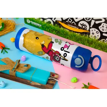Squid game money pig, Easter candle, Childrens hot water bottle, stainless steel, with safety straw, BLUE (500ml)
