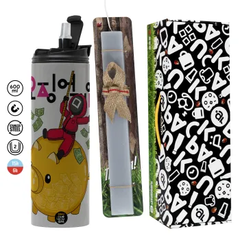 Squid game money pig, Πασχαλινή Λαμπάδα με Travel Tumbler θερμό (600ml, BPA free) & κερί αρωματικό πλακέ (30cm) (ΓΚΡΙ)