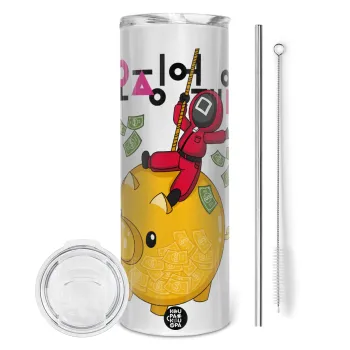 Squid game money pig, Tumbler ποτήρι θερμό από ανοξείδωτο ατσάλι 600ml, με μεταλλικό καλαμάκι & βούρτσα καθαρισμού