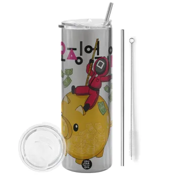 Squid game money pig, Tumbler ποτήρι θερμό Ασημένιο από ανοξείδωτο ατσάλι 600ml, με μεταλλικό καλαμάκι & βούρτσα καθαρισμού