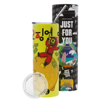 Squid game money pig, Neon Yellow Travel Tumbler θερμό, μεταλλικό καλαμάκι(Ανωξείδωτο 304 Food grade, BPA free, 600ml)