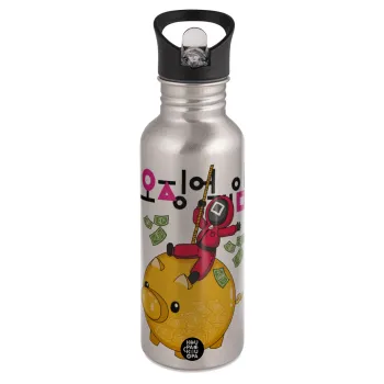 Squid game money pig, Παγούρι νερού Ασημένιο με καλαμάκι, ανοξείδωτο ατσάλι 600ml