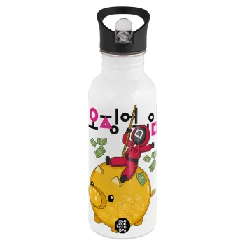 Squid game money pig, White water bottle with straw, stainless steel 600ml