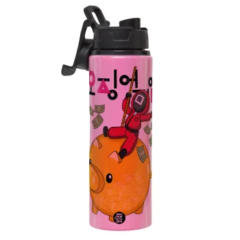 Squid game money pig, Μεταλλικό παγούρι νερού με καπάκι ασφαλείας, αλουμινίου 850ml