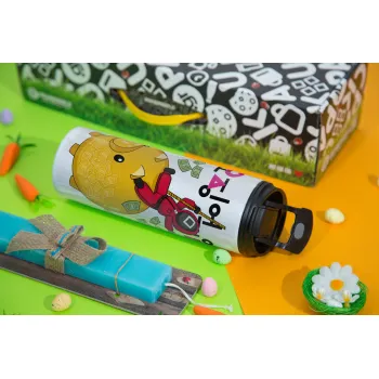 Squid game money pig, Πασχαλινή Λαμπάδα με Travel Tumbler θερμό με διπλό καπάκι (600ml, BPA free) & κερί αρωματικό πλακέ (30cm) (ΤΙΡΚΟΥΑΖ)
