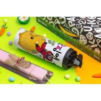 Squid game money pig, Πασχαλινή Λαμπάδα με Travel Tumbler θερμό με διπλό καπάκι (600ml, BPA free) & κερί αρωματικό πλακέ (30cm) (ΡΟΖ)
