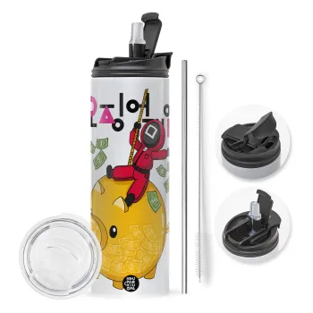 Squid game money pig, Travel Tumbler 2 Lids, with metal straw & cleaning brush (Stainless steel 304 Food grade, BPA free, 600ml)