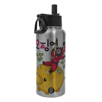 Squid game money pig, Metal mug thermo Silver with Straw and Spout Lid (Stainless steel), double wall, 950ml