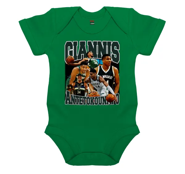 Giannis Antetokounmpo — Βρεφικό φορμάκι μωρού, ΠΡΑΣΙΝΟ, 100% Organic Cotton, κοντομάνικο