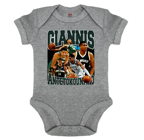 Giannis Antetokounmpo — Βρεφικό φορμάκι μωρού, 0-18 μηνών, ΓΚΡΙ ΜΕΛΑΝΖΕ, 100% Organic Cotton, κοντομάνικο
