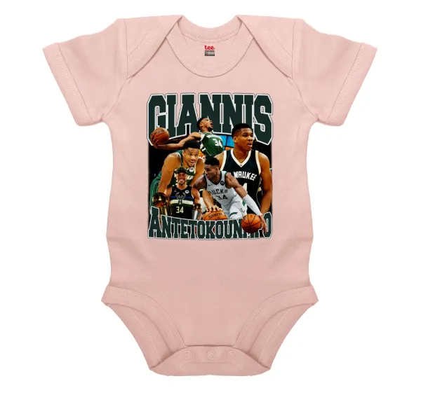 Giannis Antetokounmpo — Βρεφικό φορμάκι μωρού, 0-18 μηνών, ΡΟΖ POWDER, 100% Organic Cotton, κοντομάνικο