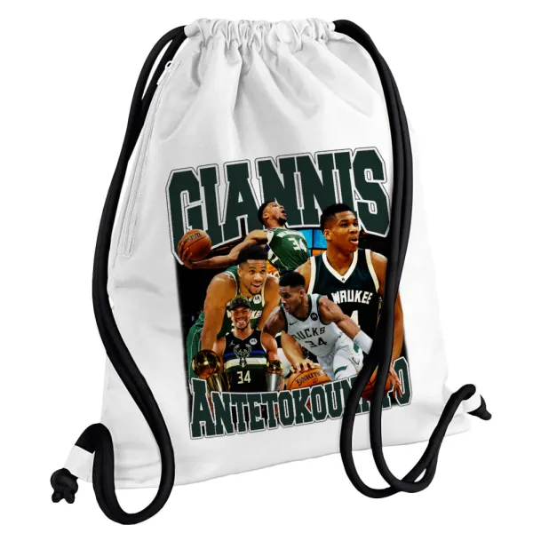 Giannis Antetokounmpo — Τσάντα πλάτης πουγκί GYMBAG λευκή, με τσέπη (40x48cm) & χονδρά κορδόνια