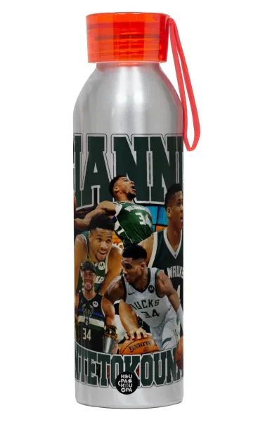 Giannis Antetokounmpo — Aluminum Sports Bottle 650ml – Silver with Red Cap and Silicone Strap