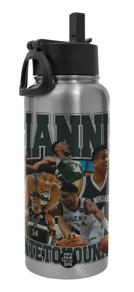 Giannis Antetokounmpo — Metal mug thermo Silver with Straw and Spout Lid (Stainless steel), double wall, 950ml