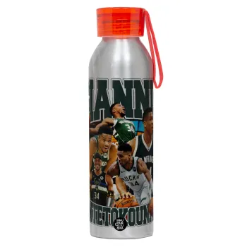 Giannis Antetokounmpo, Αλουμινένιο Αθλητικό Μπουκάλι 650ml – Ασημί με Κόκκινο Καπάκι και Λουράκι Σιλικόνης