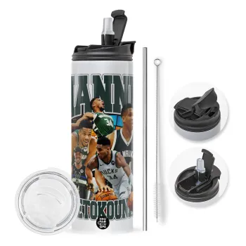 Giannis Antetokounmpo, Travel Tumbler 2 Lids, with metal straw & cleaning brush (Stainless steel 304 Food grade, BPA free, 600ml)