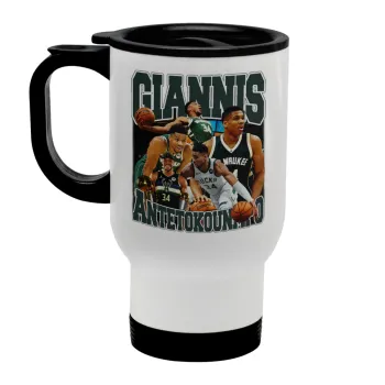 Giannis Antetokounmpo, Stainless steel travel mug with lid, double wall white 450ml