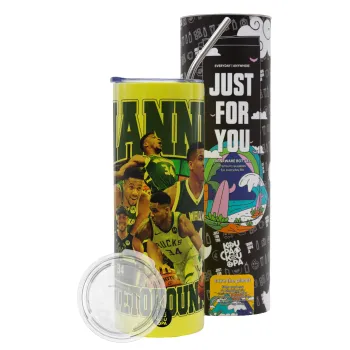 Giannis Antetokounmpo, Neon Yellow Travel Tumbler θερμό, μεταλλικό καλαμάκι(Ανωξείδωτο 304 Food grade, BPA free, 600ml)