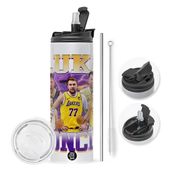 Luka Doncic Basketball , Travel Tumbler 2 Lids, with metal straw & cleaning brush (Stainless steel 304 Food grade, BPA free, 600ml)