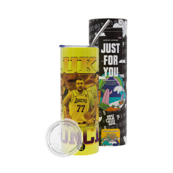 Luka Doncic Basketball , Neon Yellow Travel Tumbler θερμό, μεταλλικό καλαμάκι(Ανωξείδωτο 304 Food grade, BPA free, 600ml)