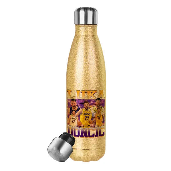 Luka Doncic Basketball — Glitter gold stainless steel thermos bottle, double-walled, 500ml