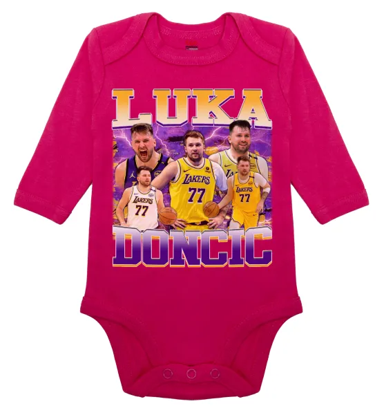 Luka Doncic Basketball — Μακρυμάνικο βρεφικό φορμάκι, 0-18 μηνών, ΡΟΖ, 100% Organic Cotton
