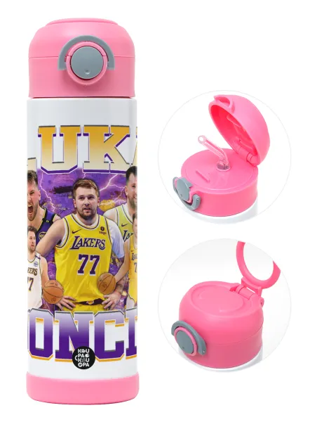 Luka Doncic Basketball — Παιδικό παγούρι θερμό, ανοξείδωτο, με καλαμάκι ασφαλείας, ΡΟΖ (500ml)