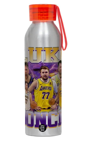 Luka Doncic Basketball — Αλουμινένιο Αθλητικό Μπουκάλι 650ml – Ασημί με Κόκκινο Καπάκι και Λουράκι Σιλικόνης