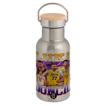 Luka Doncic Basketball , Μεταλλικό παγούρι θερμός (Stainless steel) Ασημένιο με ξύλινο καπακι (bamboo), διπλού τοιχώματος, 350ml