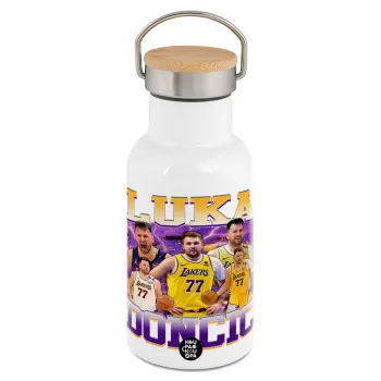 Luka Doncic Basketball , Μεταλλικό παγούρι θερμός (Stainless steel) Λευκό με ξύλινο καπακι (bamboo), διπλού τοιχώματος, 350ml